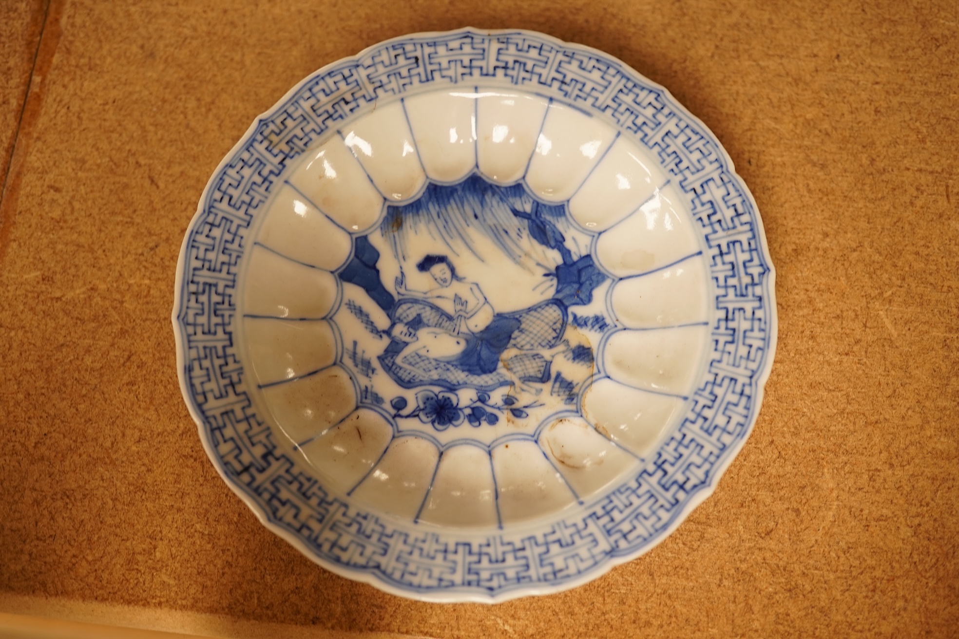 Two Chinese blue and white tea bowls and saucers, saucer 10cm diameter.